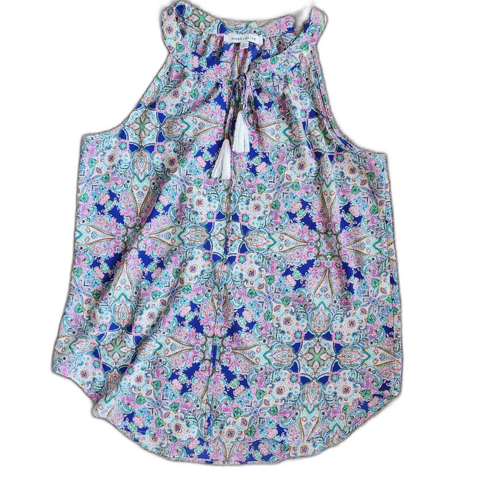 Rose + Olive Womens Small Paisley Tassel Tie Halter Sleeveless Blouse Blue Pink